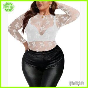 Plus Size Sheer Lace Mesh Mock Neck Blouse Long Sleeve Tops